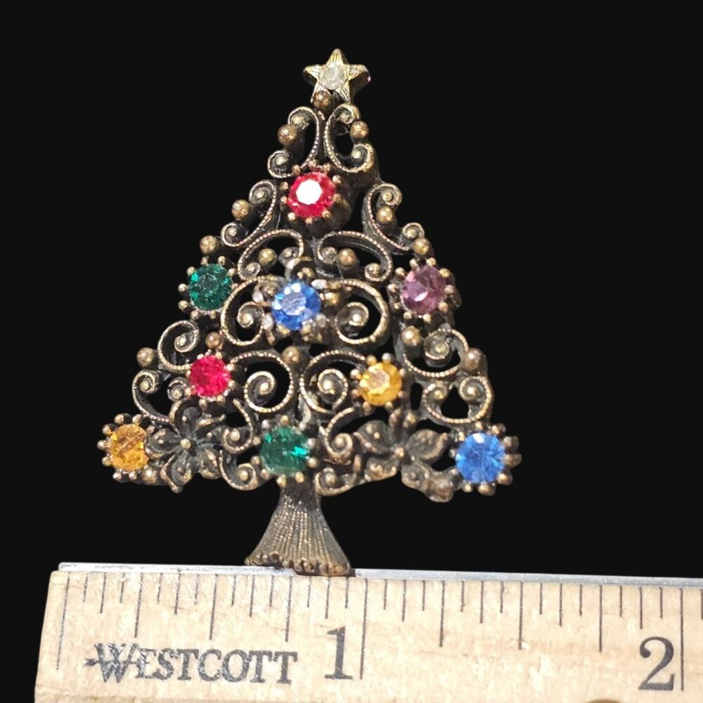 Vtg Signed JJ Gold Tone Christmas Tree Brooch Pin Multi Color Rhinestones MCM - Picture 7 of 8